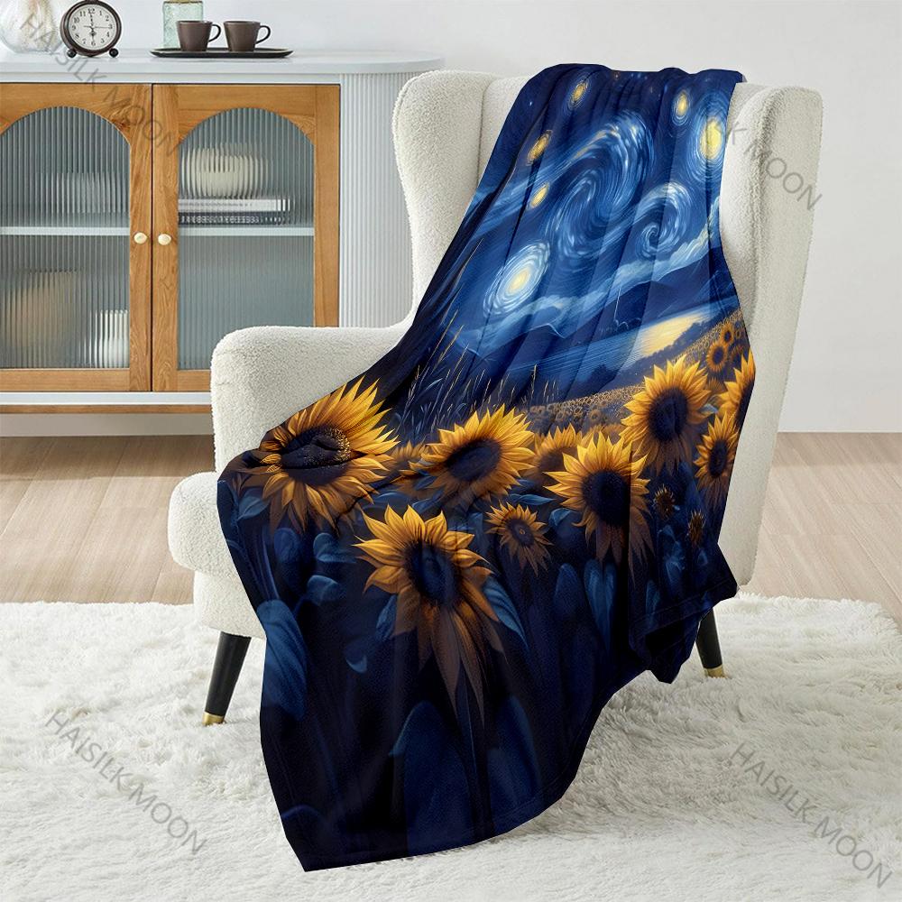 Oil Painting Sunflower Starry Sky Blanket Warm Soft Fluffy Kids Adult Luxury Gifts for Sofa Bed Home Outdoor Travel Camping