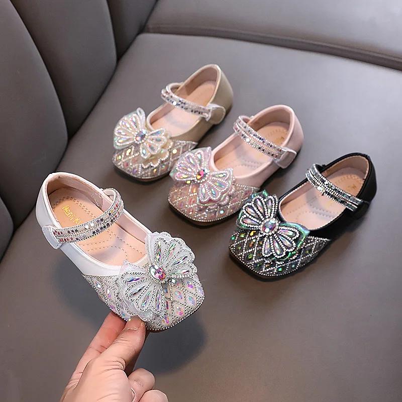 Dziecięce skórzane buty płytkie wszechstronne baleriny dla dziewczynek modne z dżetami kokardka dziecięce codzienne księżniczki buty ślubne