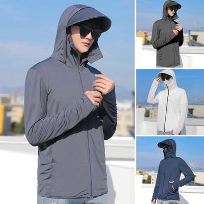 Men Summer Sunscreen Coat Hooded Thin Breathable Pocket Anti-UV Sun Protection Solid Color Long Sleeves Sun Protection Clothing Cycling Garment