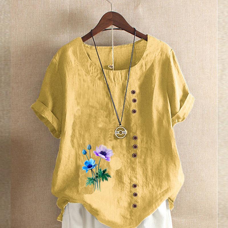 Women's Fashion Round Neck Short Sleeve T-shirt Casual Cotton Linen Graphic Shirt Leisure Loose Flowers Prined Summer Blouse Tops