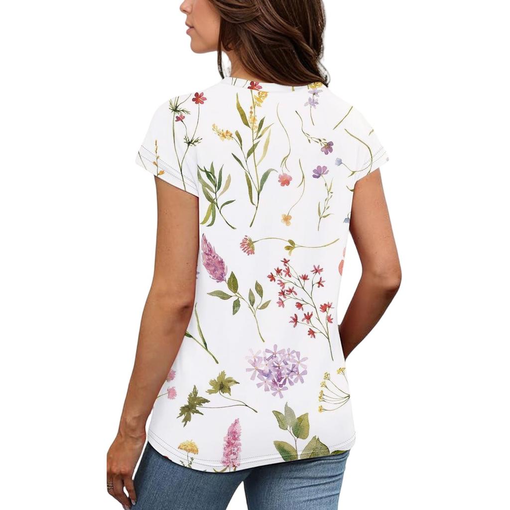 Women's Fashion Casual Floral Print Pullover Short Sleeve Top