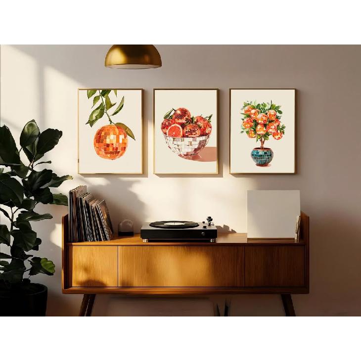 3Pcs Retro Disco Oranges Wall Art Funky Girl Preppy Wall Decor Pictures Fashion Glam Fruit Orange Food Mirror Ball Posters Canvas Prints for Bar Cart