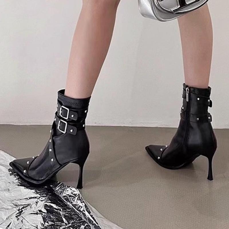 Calzado con hebilla de cinturón de ganchillo para otoño e invierno, botas bajas, botas de tacón de aguja puntiagudas para mujer con tacones altos