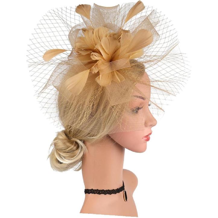 BESPORTBLE Bandeau Fascinator et Pince à Cheveux Filet Chapeau de Mariage pour Femmes Fête de Cocktail Fête du Thé Église Occasion Spéciale Accessoires Doré