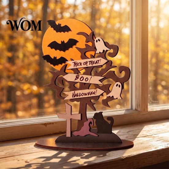 Halloween Table Decorations Moon Bat Ghost And Dead Tree Tabletop Ornament, Rustic Wood Art Decorative Centerpiece for Home Desktop Holiday