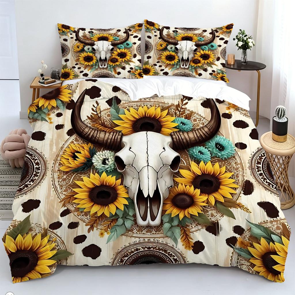 2/3Pcs Bohemian Bull Skull Duvet Cover Set,With Pillowcase Multi Size Bedroom Bedding Decor,Bohemia Rural Style Bedroom Decor