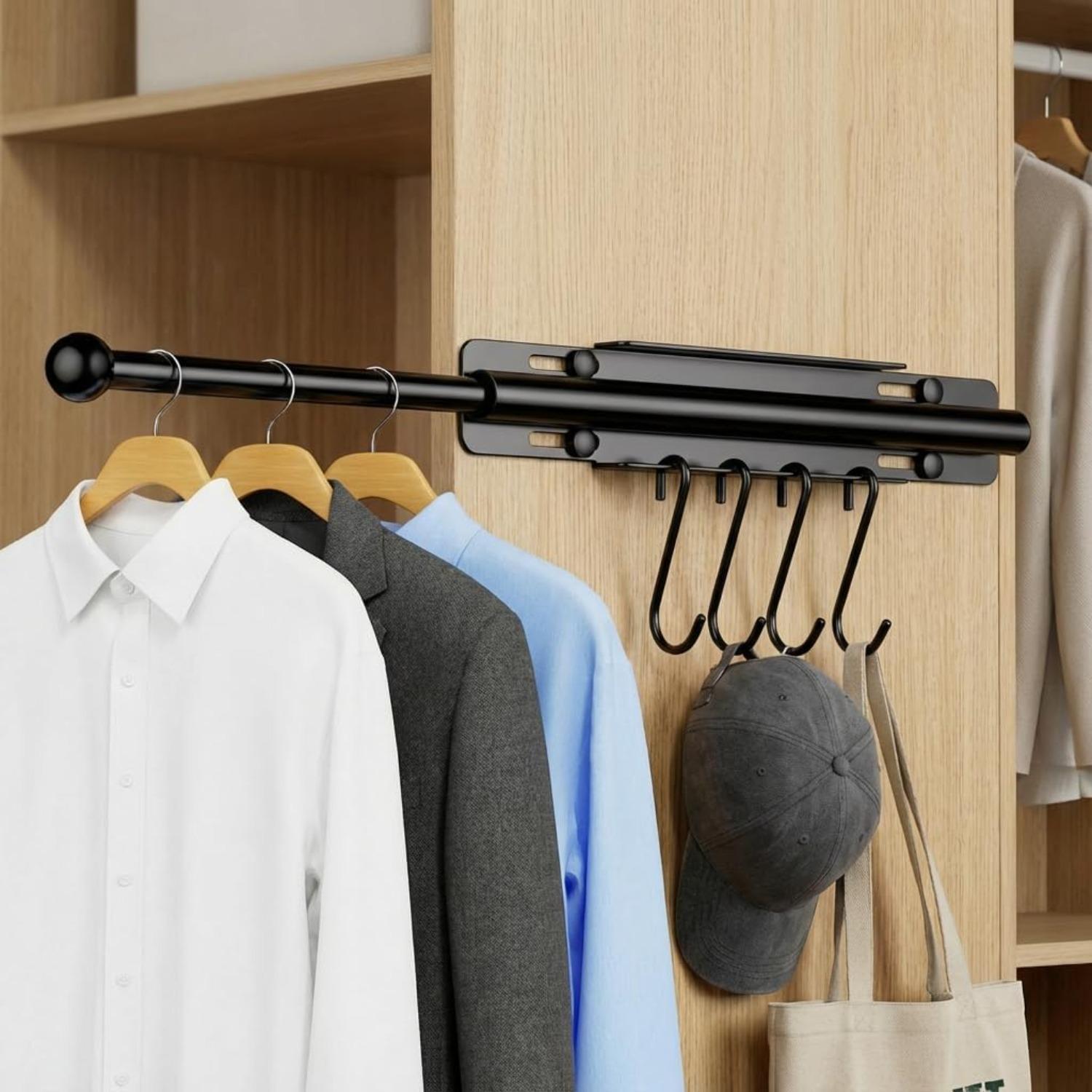

Valet Rod for Closet Pull Out, 12 Inch Retractable Slide Out Closet Rod with 4 Hooks, Heavy Duty Steel Extendable Adjustable Clothes Hanger Rod чорний