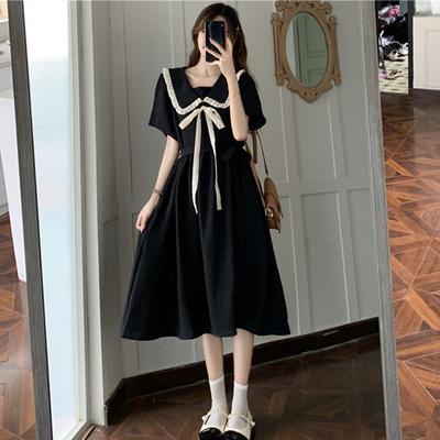 Doll Collar Dress Women's Summer New Fashion French Gentle College Style Lace-up Waist Black Long Dress Children
