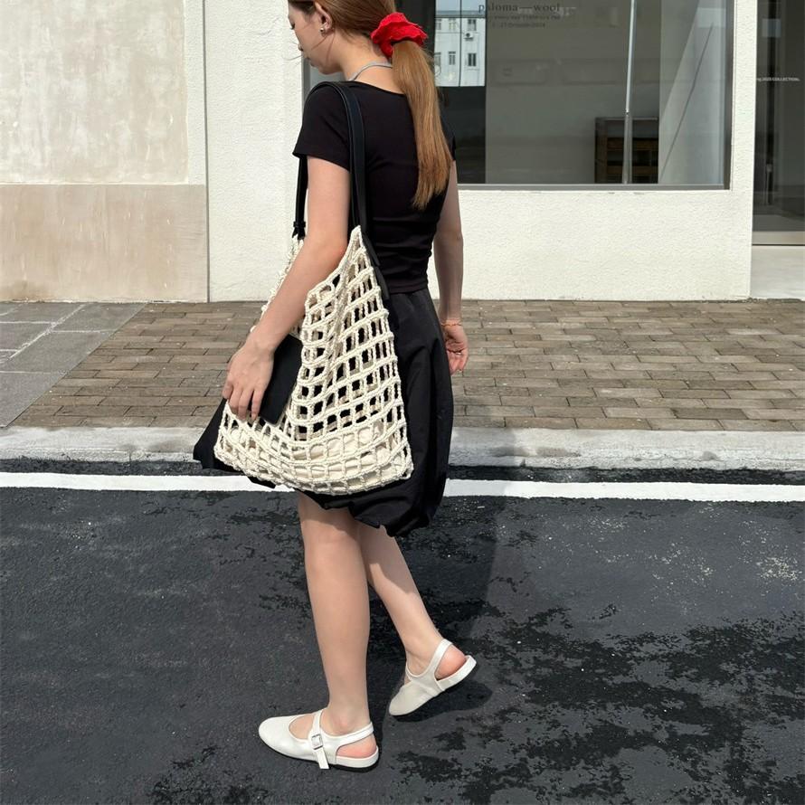 Spot~ Leather French Round Head Row Wind One-word Button Soft Sole Shallow Mouth Mary Jane Single Shoes Women's Flat Grandma Shoes