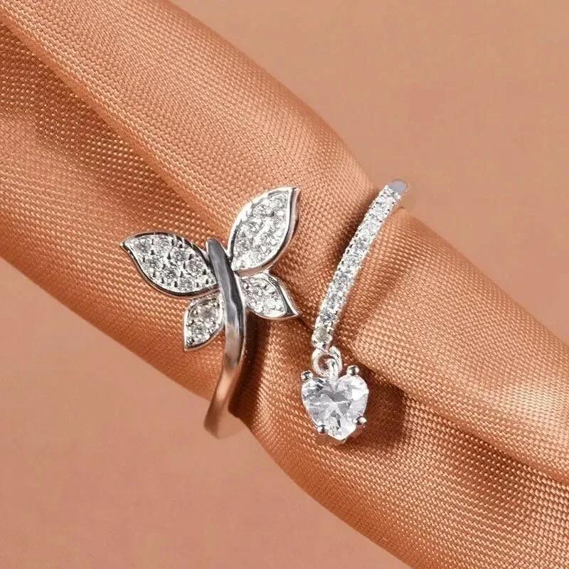 Huitan Romantic Butterfly Heart CZ Opening Rings for Women Luxury Trendy Silver Color Female Rings Adjustable Engagement Jewelry