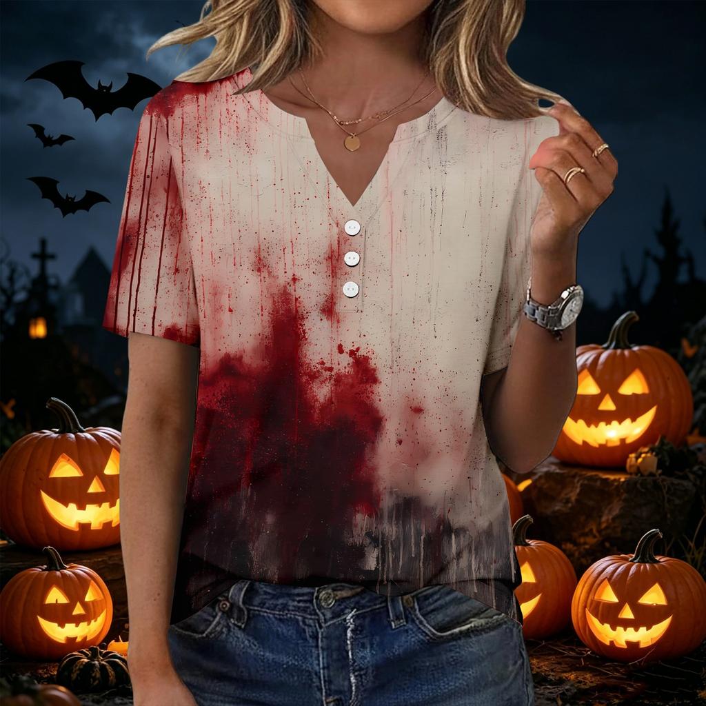 Women Casual V Neck Short Sleeve Button Front T Shirt Halloween Pumpkin Bat Print Split Design Top