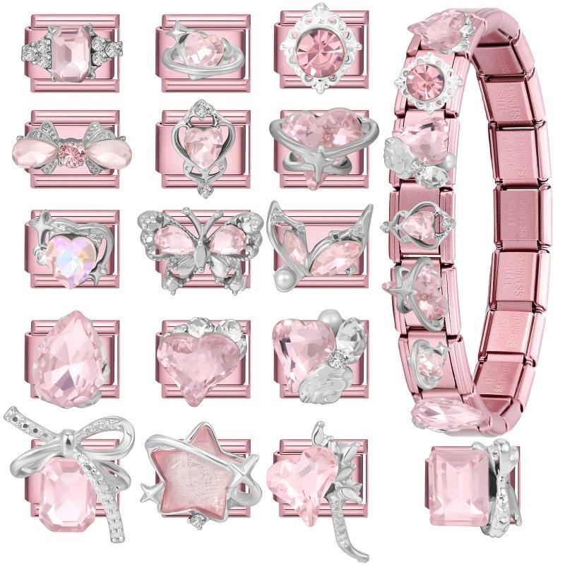 Fashion Pink Dreamy Crystal Butterfly Bow Heart Star Shell Star Charm Fit 9mm Stainless Steel Bracelet Women DIY Making Jewelry