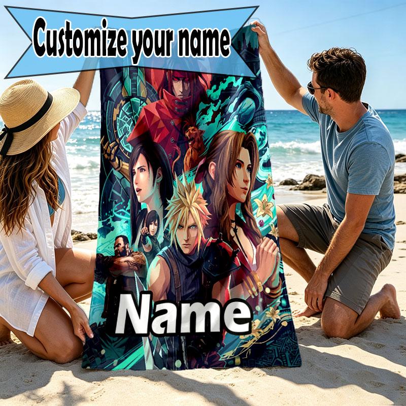 Custom Name Personalized Final Fantasy Print Beach Towel, for Trip Camping Beach Party Home Decor, Birthday Gift for Family & Friends