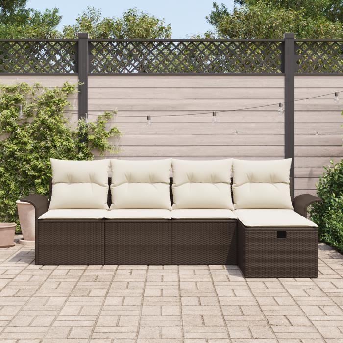 Ensemble de canapés de jardin 5 pièces avec coussins marron en poly rotin, Canapé de jardin 2 places avec rangement 3360189