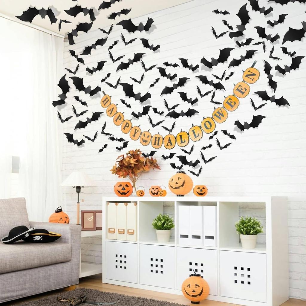 Piteno® 140Pcs Bats Halloween Decorations Party Supplies, Realistic PVC 3D Black Scary Bat Stickers for Creepy Home Decor Halloween Party