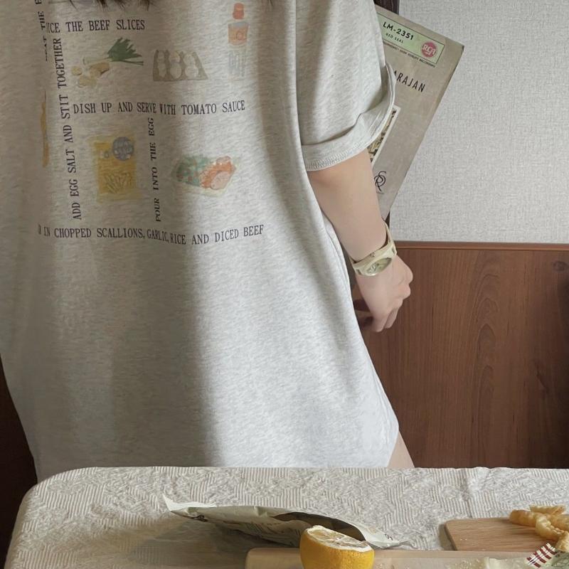 Camiseta Feminina de Algodão de Comprimento Médio com Gola Redonda, Estampa de Letras e Mangas Curtas, Tops Soltos de Nicho para o Verão