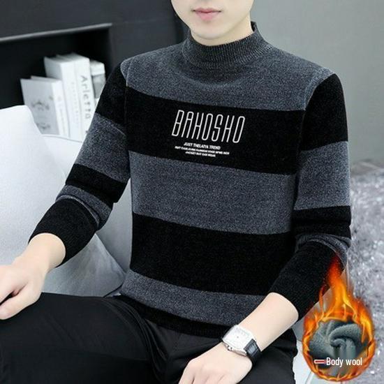 

Men s Striped Knit Wool Sweater - Thick, Warm, Trendy Winter Base Layer Top 2XL/180 (135-145 kg)