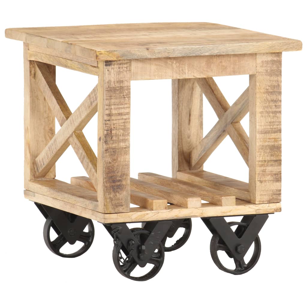 Side Table with Wheels 40 X 40 X 42 Cm Rough Mango Wood