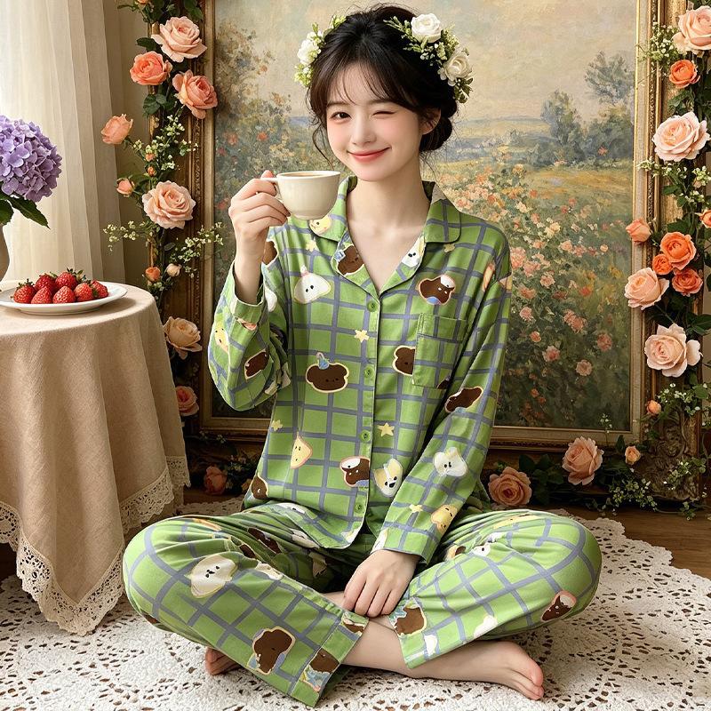 Japanese cute cartoon pajamas women's spring and autumn imitation cotton long-sleeved soft girl casual loungewear suit can be worn outside