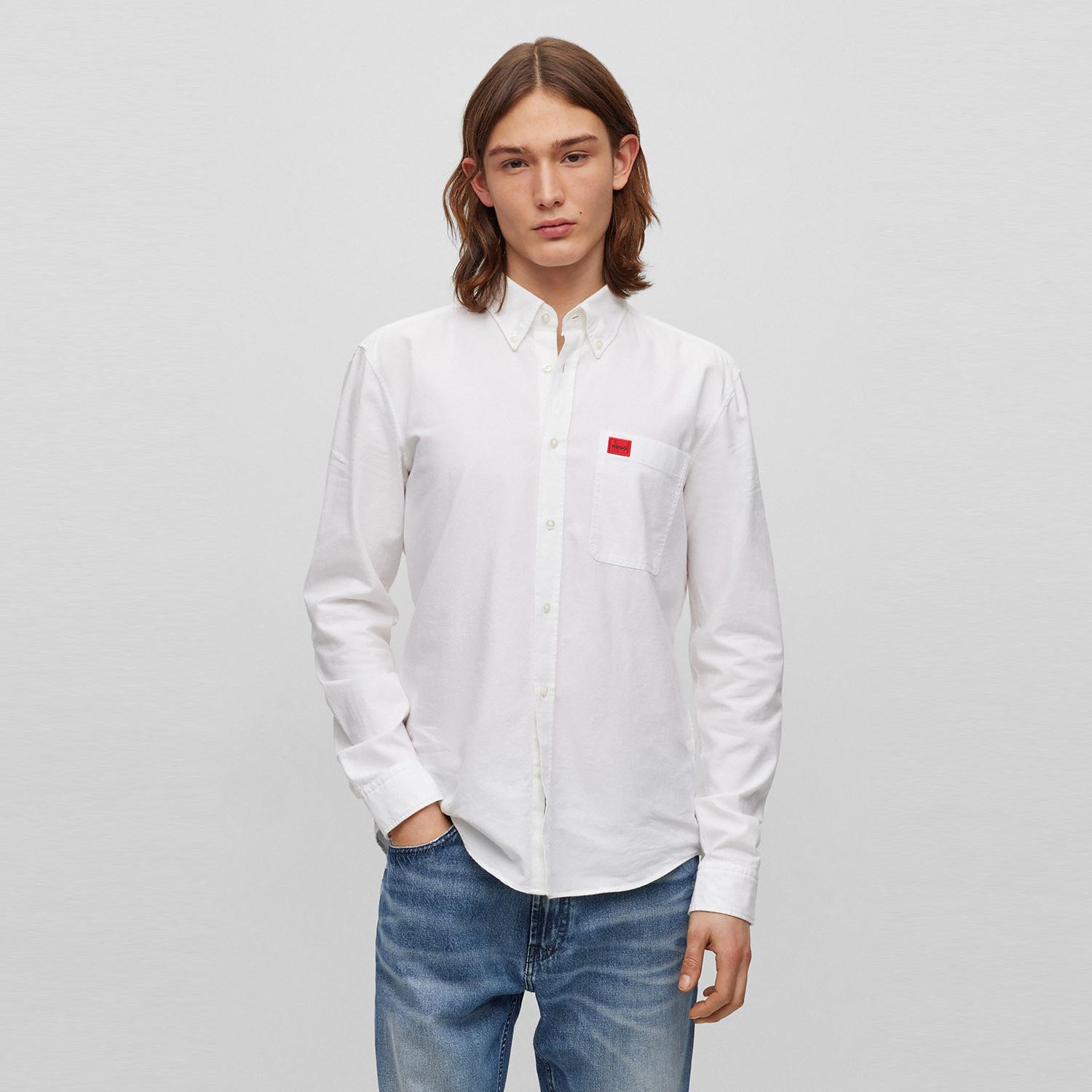 Рубашка Hugo с красной логотипом-этикеткой, оксфорд, приталенная, 50479302_199 White/Xl