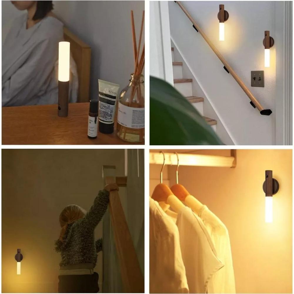 Auto LED Night Light Magnetic Wooden Multifunctional Smart Motion Sensor USB Rechargeable TYPE-C Wireless Closet Wardrobe Lamp