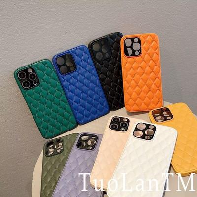 Luxury Plating Diamond Lattice Pattern Leather Case For iPhone16 15 14 Plus13 12 11 Pro Max Metal Camera Protection Shockproof Hard Cover