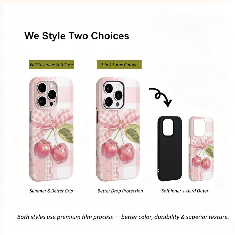 Ruffled Pink Gingham Cherry Art Graphic Design Sweet Pattern Film Aesthetic Protective Shockproof Bumper Phone Case Cover For iPhone 14 1516ProMaxPlus
