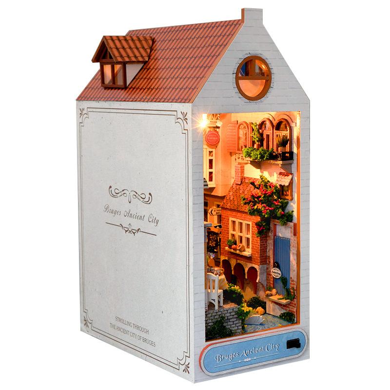 

Retro DIY Wooden Book Nook Shelf Insert Miniature Kits Bruges Ancient City Bookshelf Home Decoration For Adult Handmade Gifts