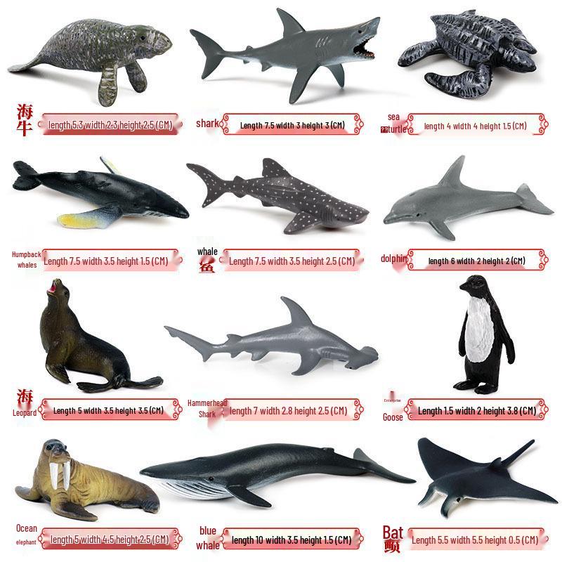 Marine Animal Simulation Model Figures: Shark, Dolphin, Hammerhead, Crab, Squid, Starfish for Kids' Education