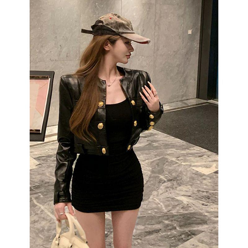 Women's Black Leather Cardigan: French Style, Loose Fit, Long Sleeve Short Jacket