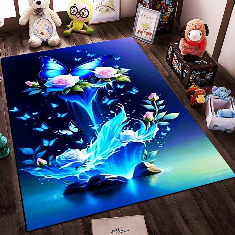 Butterfly and Rose Carpet, Blue Glowing Design with Elegant Floral Art Suitable for Use As an Anti-slip for Living Room Bedroom Sofas