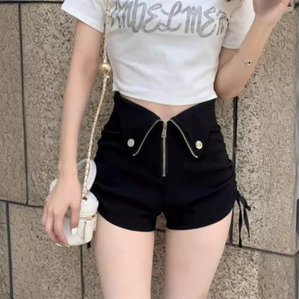 High-Waisted Black A-Line Drawstring Shorts for Women – Trendy Petite Summer Style