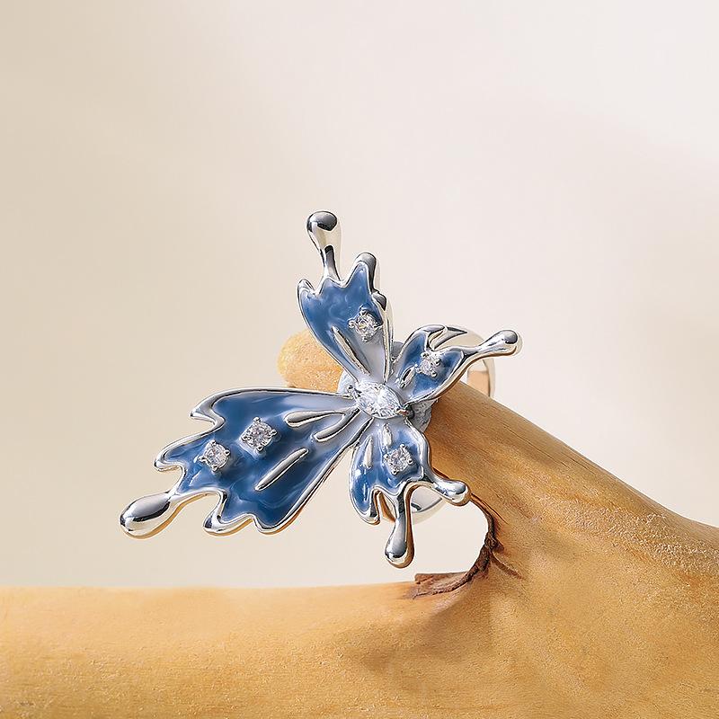 French Elegant Personality Small Fragrant Wind Enamel Drop Glaze Diamond Butterfly Ring Niche High-end Exaggerated Fashionable Jewelry
