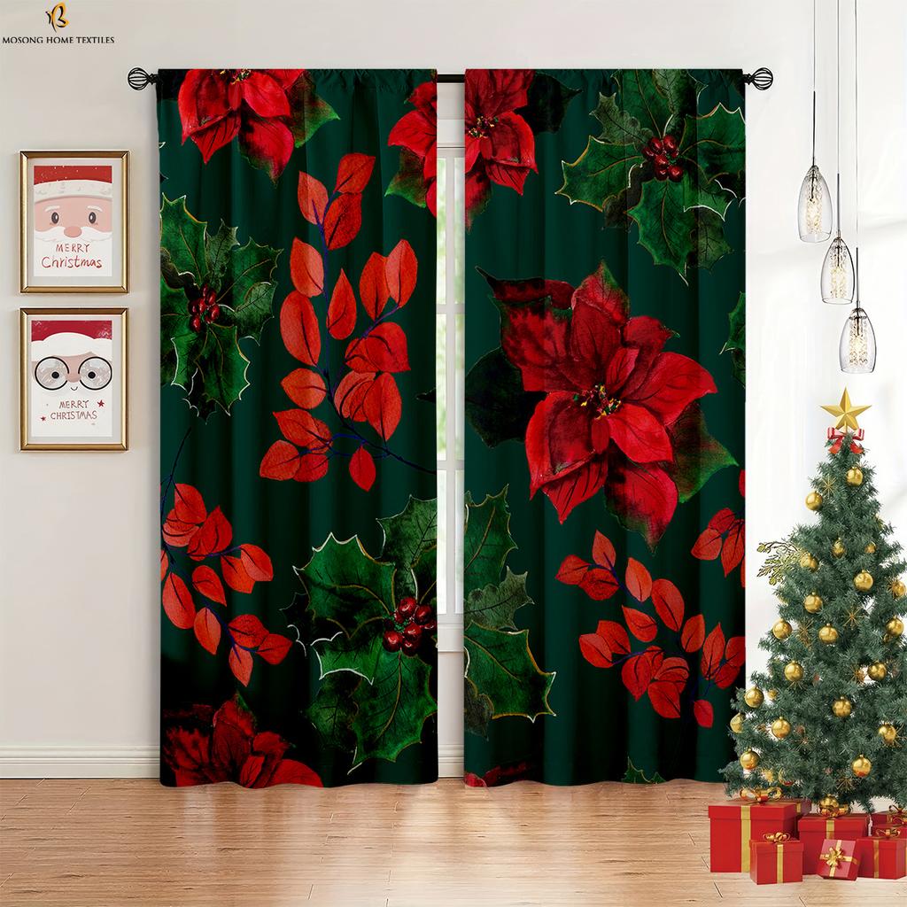 Set Of 2 Cute Cartoon Santa Claus Snowman Snowflake Printed Curtains Bedroom Dining Room Christmas Party Decoration Curtain For Master Made Polyester