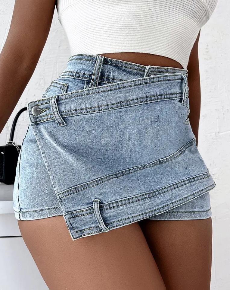 Women's High Waist Asymmetrical Overlap Denim Mini Skirt Light Blue