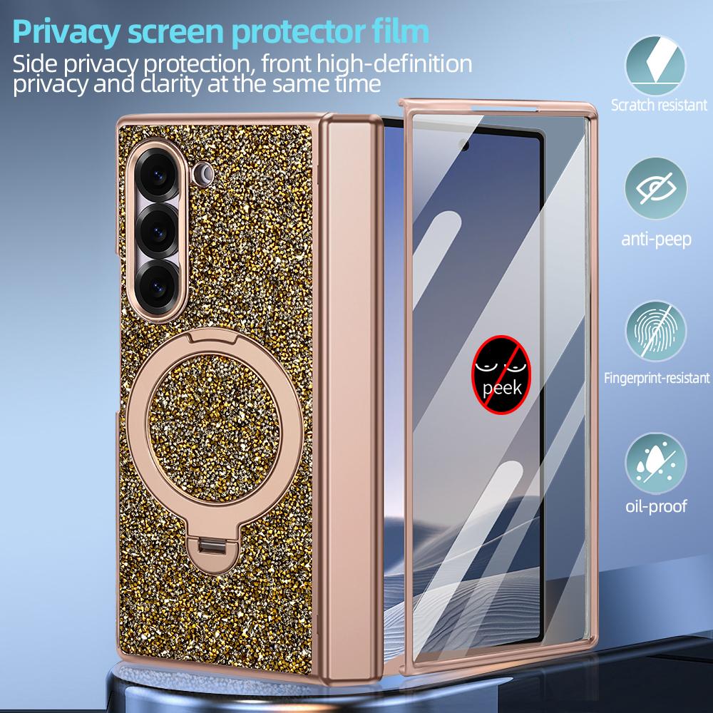 Glitter Bling Faux Leather Plating Magnetic Phone Case for Galaxy Z Fold 7 Fold 6 with Rotatable Holder, Anti-peeping Glass Film