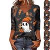 Women's Casual V-Neck Three-Quarter Sleeve Top with Halloween Print