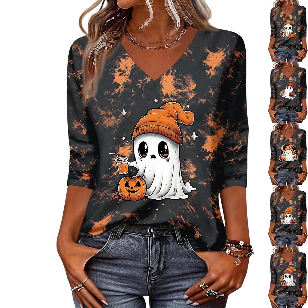 Women's Casual V-Neck Three-Quarter Sleeve Top with Halloween Print