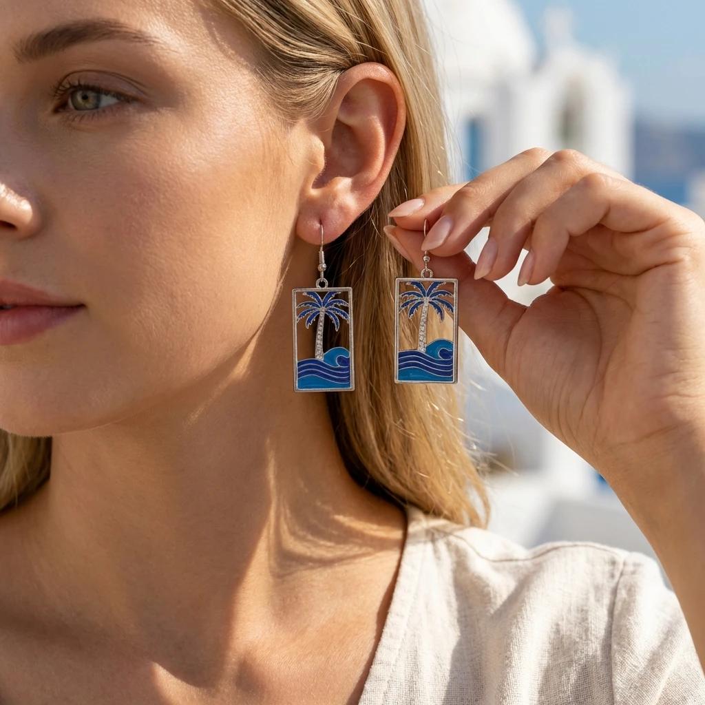 Blue Enamel Seahorse Teardrop Dangle Earrings For Women Ocean Wave Earring Silver Color Boho Summer Beach Jewelry