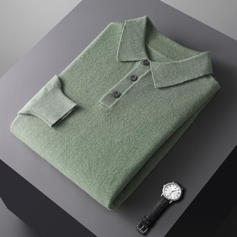 

Мужской свитер-поло из чистой шерсти - Business Casual, Однотонный, Осень/Зима, Вязаный XL (150-170 jin)