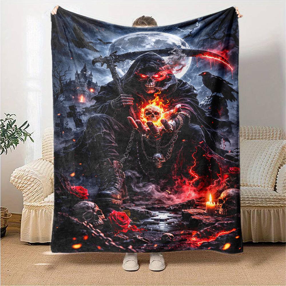 Dark Grim Reaper Print Flannel Blanket High Quality Warm Comfortable Cover for All Seasons Perfect for Gifts Home Decor