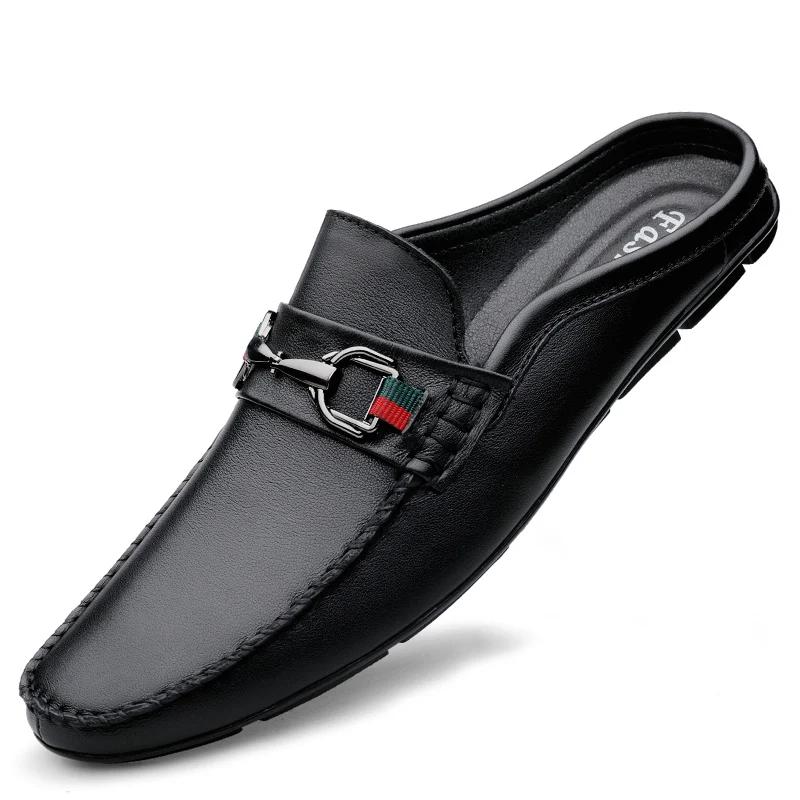 Fashion Fashion Summer Brand Half Slippers Mens Shoes Luxury Brand Man Casual Shoes Genuine Leather Breathable Slip On Half Footwear