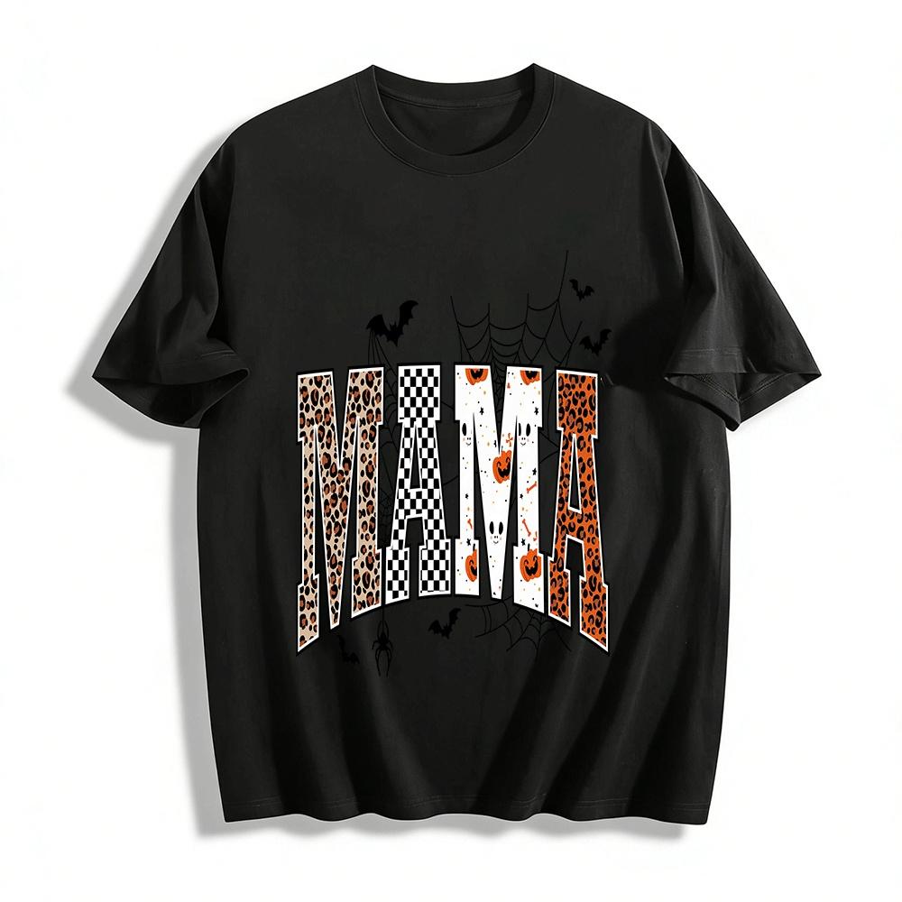

Halloween Themed MAMA Print Top Leopard Checkered Mommy Shirt Pure cotton T-shirt XXS