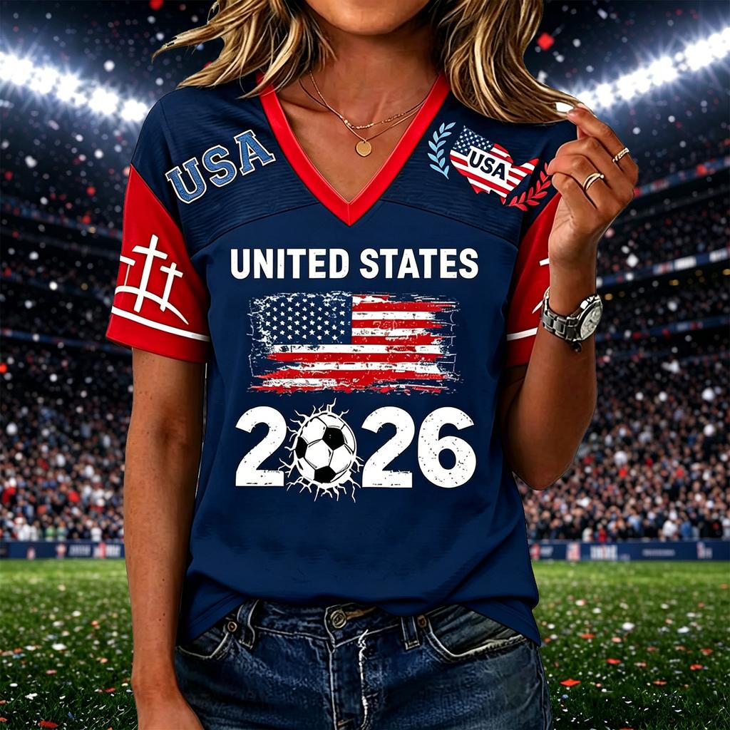 Women’s Casual V Neck Pullover Top with Short Sleeves and States Flag 2026 Soccer Graphic Print for Everyday Wear