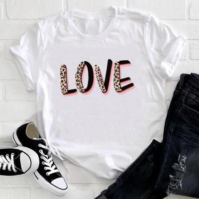 (Asian Size) T Shirt Top Leopard Love Sweet 90s Style Fashion Casual Clothing Tee Short Sleeve Women Print Lady Female O-neck Graphic T-shirt