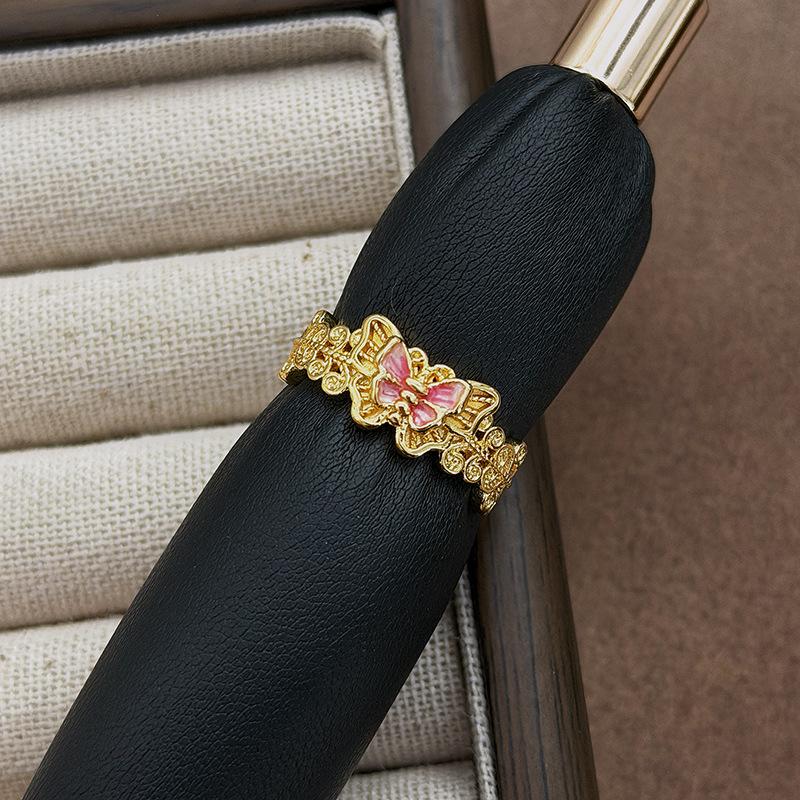 Retro Light Luxury Gold Chain Hollow Four-Leaf Clover Diamond-Encrusted Zircon Copper Coin Belt Buckle Opening Ring Niche Stacking Wear Adjustable opening