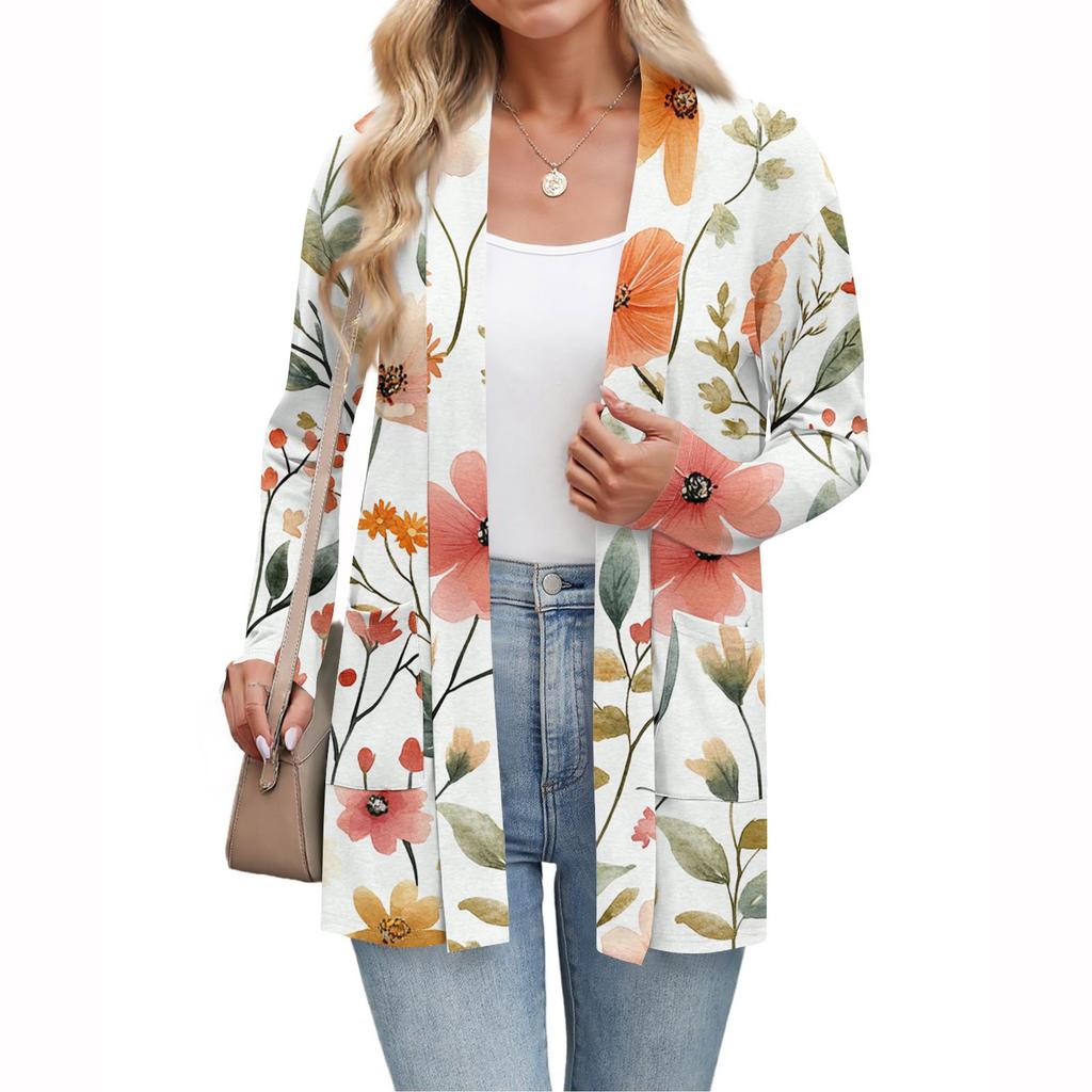 Damenmode Lässiger Langarm-Cardigan Dünne Lockere Cardigan-Jacke mit Taschen