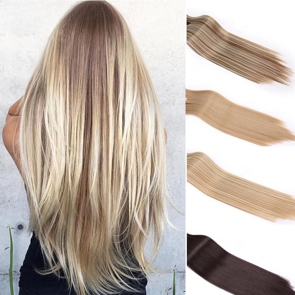 Kvinnor med klipp i hårförlängning rakt i ett stycke Helt huvud Långt naturligt falskt syntetiskt hårstycke