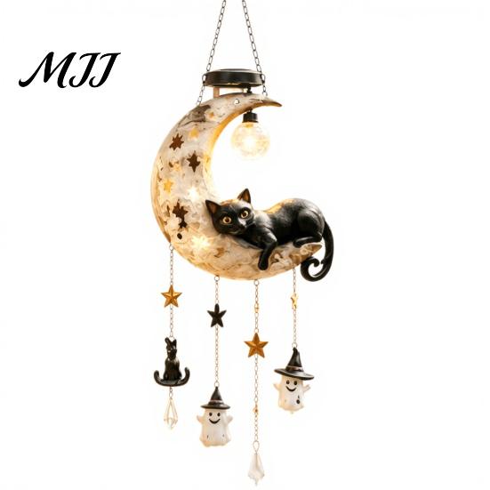 Vintage Resin Animal Garden Decor Solar Moon Black Cat Wind Chime Light, Powered Hanging Lamp, Waterproof Halloween Decorative Ghost Lights