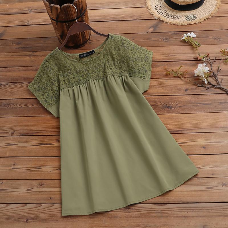 

ZANZEA Женская кружевная лоскутная летняя блузка с коротким рукавом и круглым вырезом